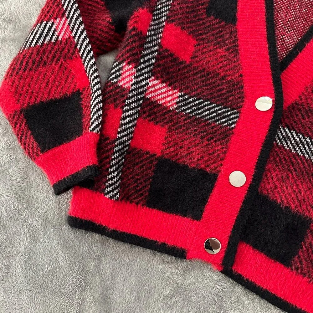 English Factory Red and Black Plaid Cardigan - Picture 2 of 6